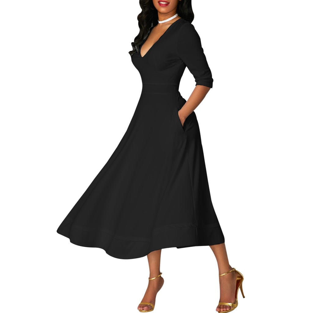 C1103TA31 High Quality Casual V Neck Solid Color A-line Dress For Women Sehe Fashion