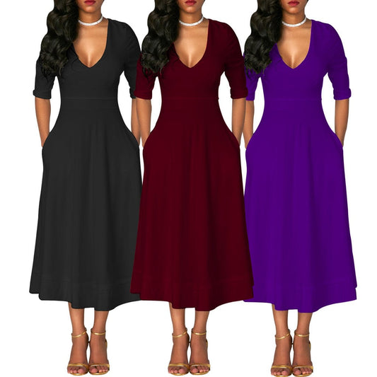C1103TA31 High Quality Casual V Neck Solid Color A-line Dress For Women Sehe Fashion