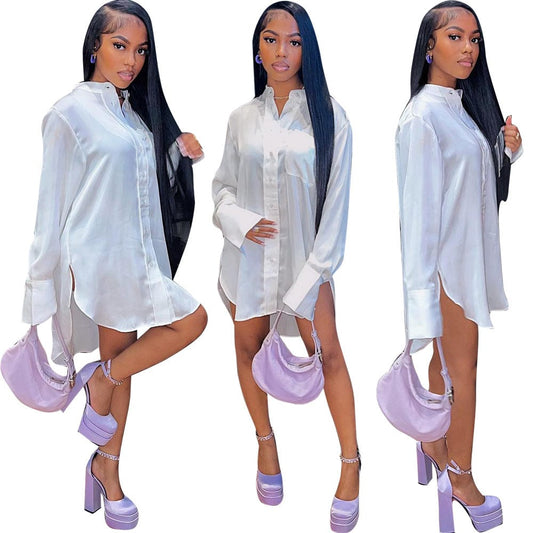 C1103TA35 Wholesale Casual Solid Color Irregular Whiter Shirt Dress For Women Sehe Fashion
