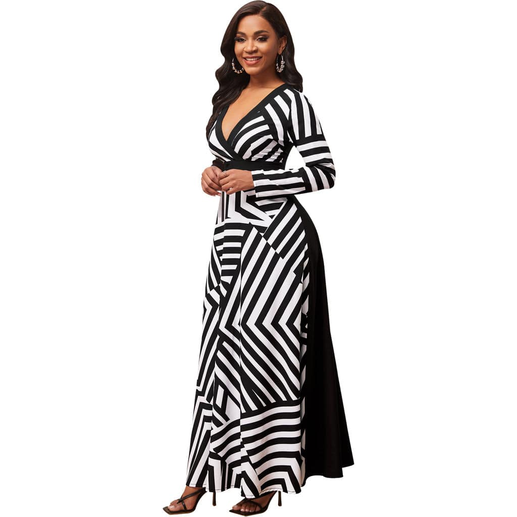 C1103TA52 New Arrival Casual Contrast Color Geometric Print A-line Long Dress Women Sehe Fashion