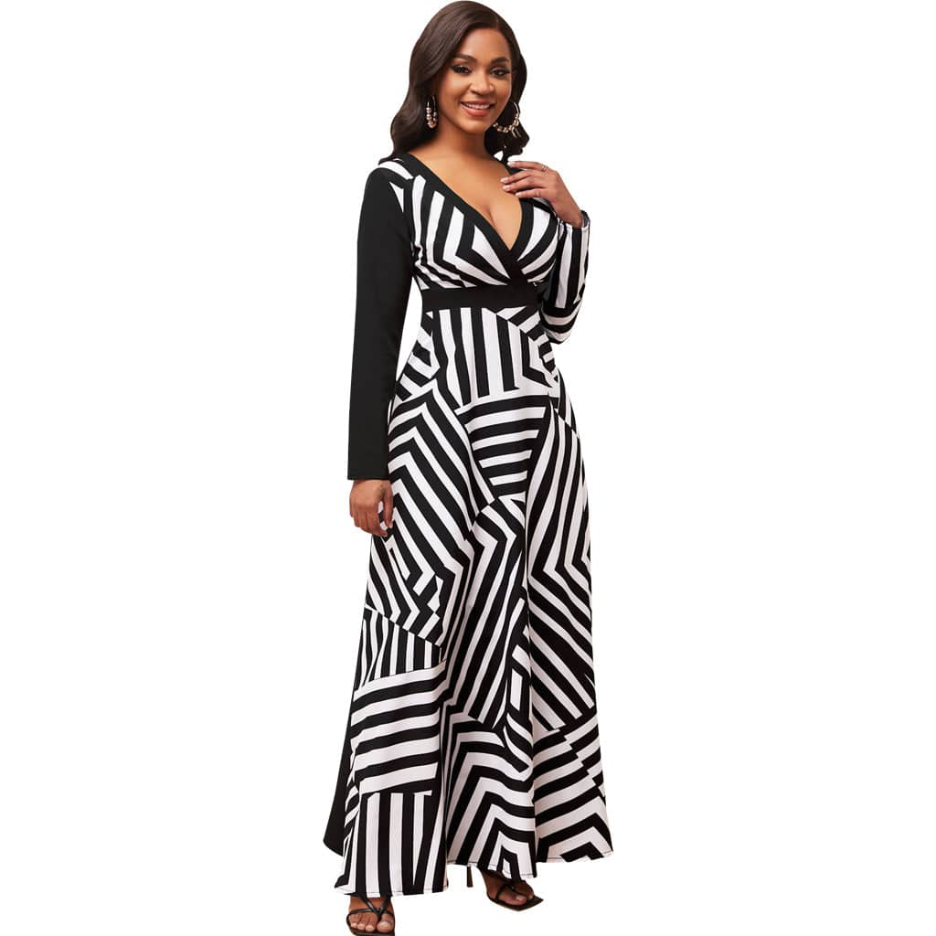C1103TA52 New Arrival Casual Contrast Color Geometric Print A-line Long Dress Women Sehe Fashion