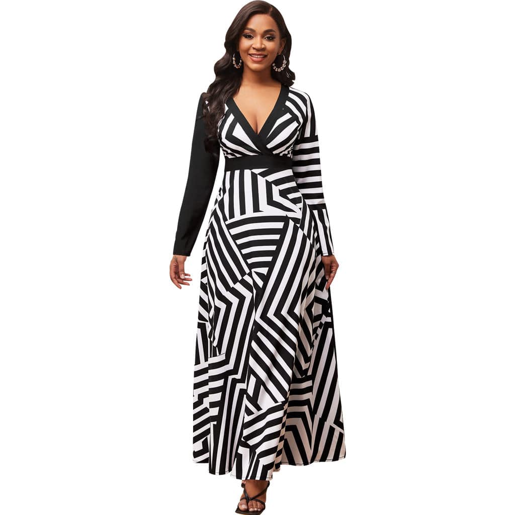 C1103TA52 New Arrival Casual Contrast Color Geometric Print A-line Long Dress Women Sehe Fashion