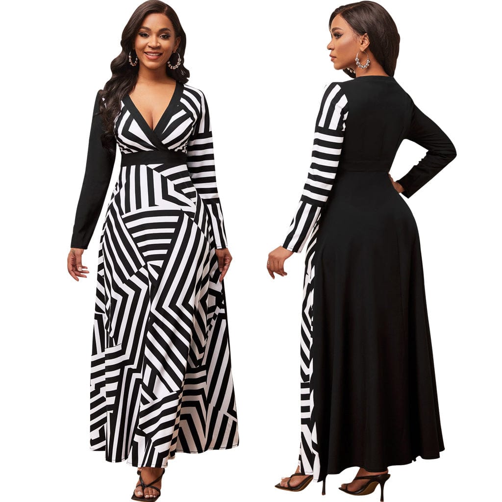 C1103TA52 New Arrival Casual Contrast Color Geometric Print A-line Long Dress Women Sehe Fashion