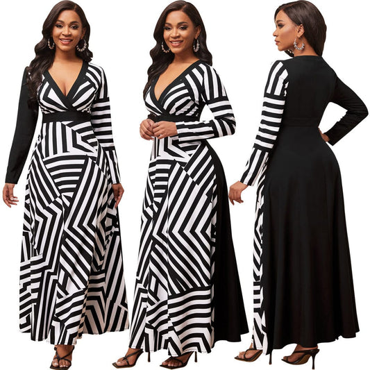 C1103TA52 New Arrival Casual Contrast Color Geometric Print A-line Long Dress Women Sehe Fashion