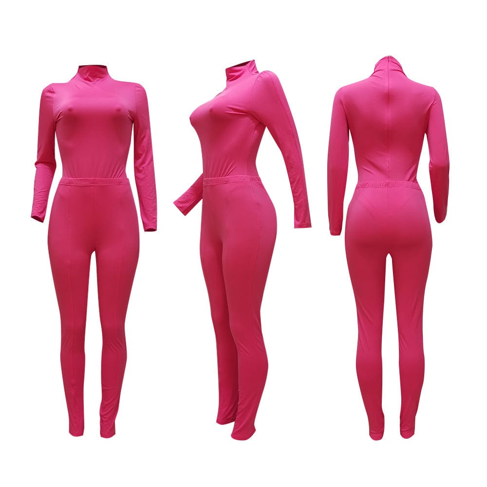 C1103TA67 Latest Casual Solid Color Stand Collar Bodysuit High Waist Pants 2 Piece Set Women Sehe Fashion