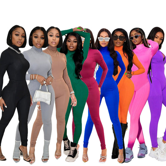 C1103TA67 Latest Casual Solid Color Stand Collar Bodysuit High Waist Pants 2 Piece Set Women Sehe Fashion