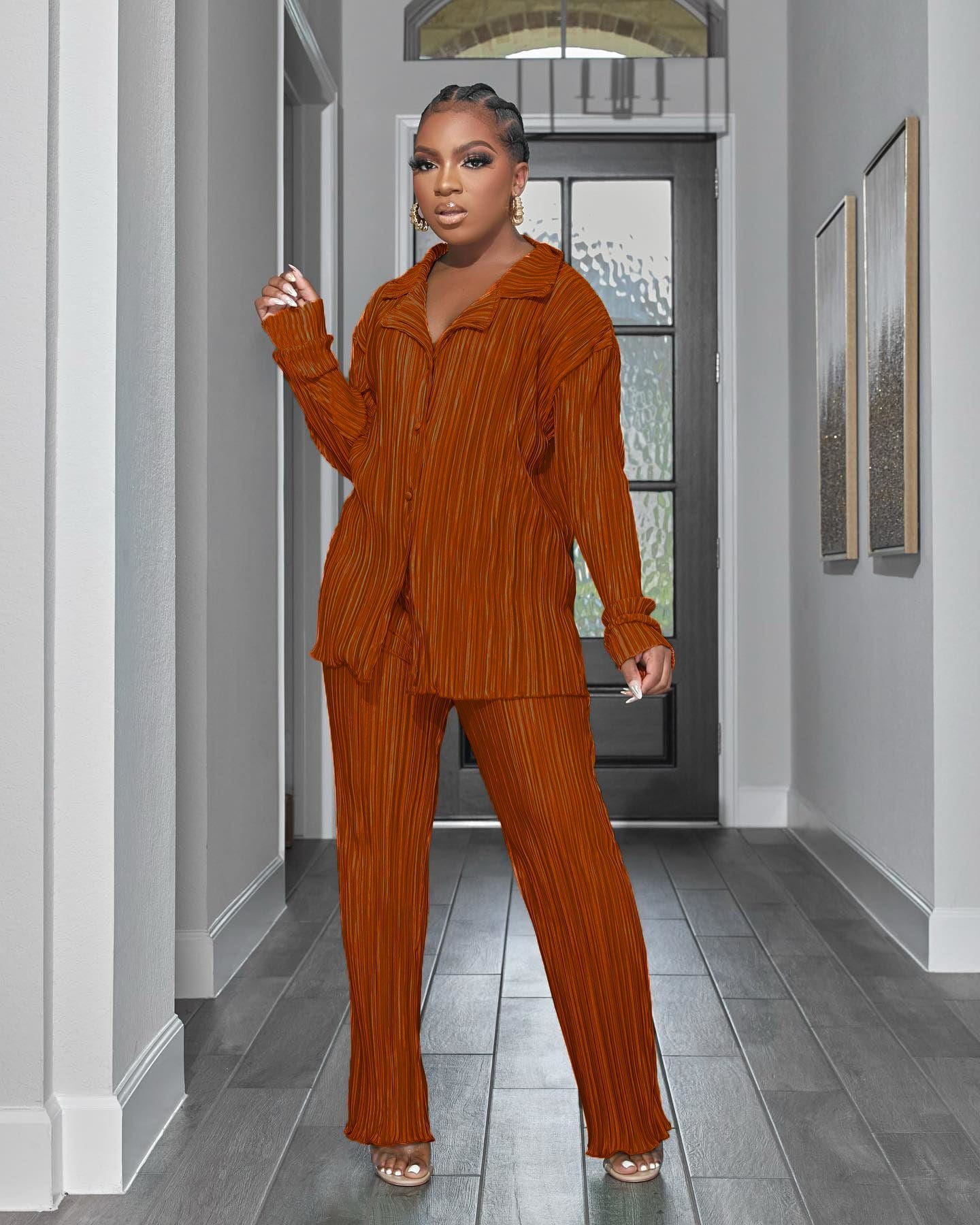 C1103TA70 Dropshipping Casual Solid Color Autumn Shirt 2 Piece Pants Set Women Sehe Fashion