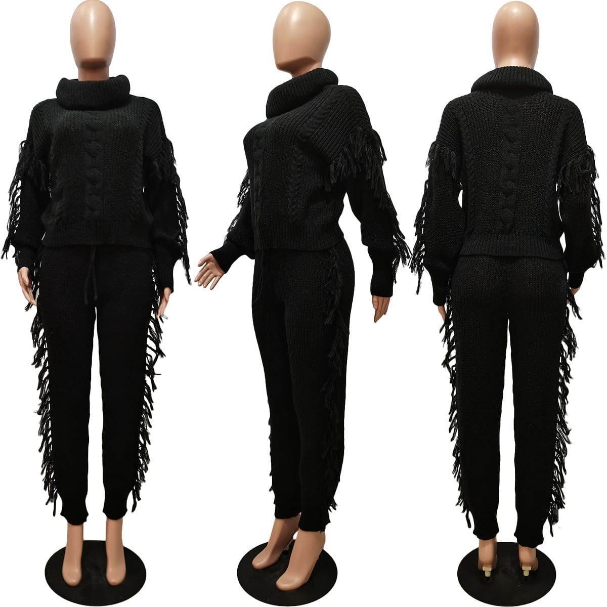 C1103TA73 High Quality Casual Solid Color Turtleneck Knitted Tassel 2 Piece Pants Set Women Sehe Fashion