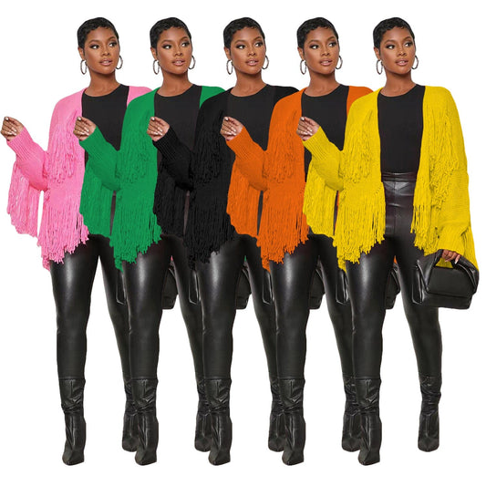 C1103TA82 New Design Autumn Casual Solid Color Tassel Cardigans For Women Sehe Fashion