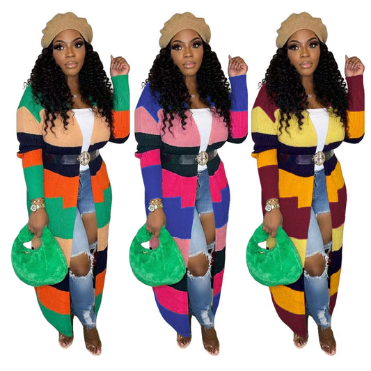 C1103TA86 High Quality Autumn Contrast Color Knitted Long Cardigans For Ladies Sehe Fashion