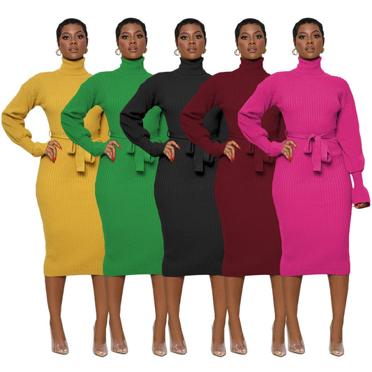 C1103TA87 Wholesale Casual Solid Color Stand Collar Knitted Bodycon Dress Women Sehe Fashion