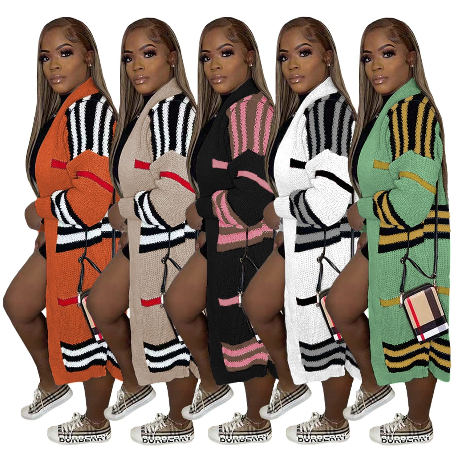 C1103TA90 Wholesale Autumn Contrast Color Striped Print Knitted Long Cardigans Women Sehe Fashion