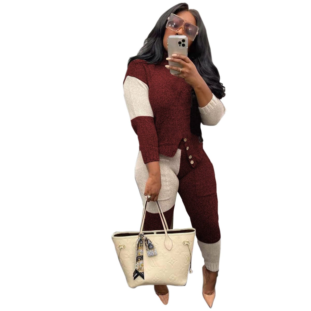 C1103TA94 Fall And winter Casual Contrast Color Thick Two Piece Pants Set Women Sehe Fashion