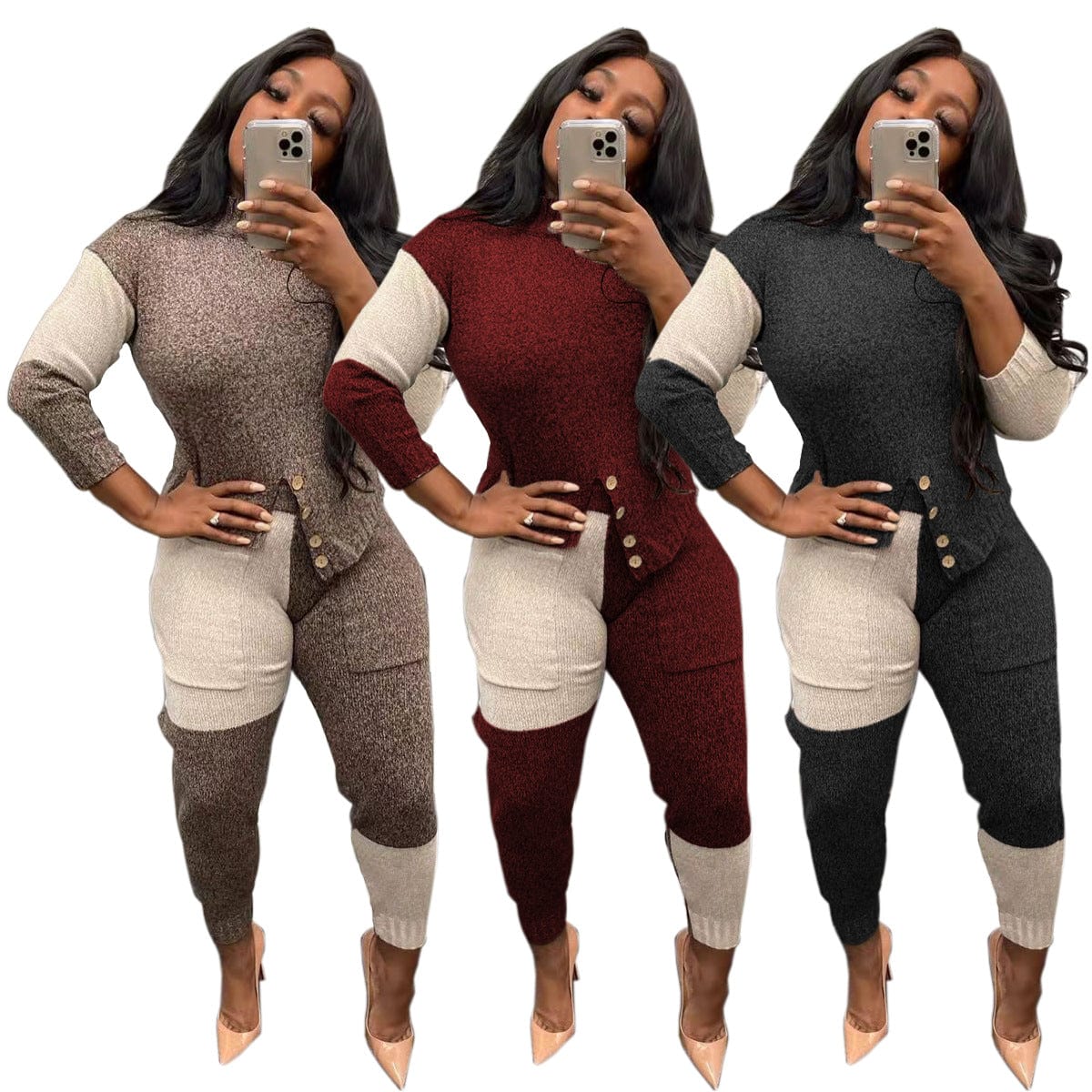 C1103TA94 Fall And winter Casual Contrast Color Thick Two Piece Pants Set Women Sehe Fashion