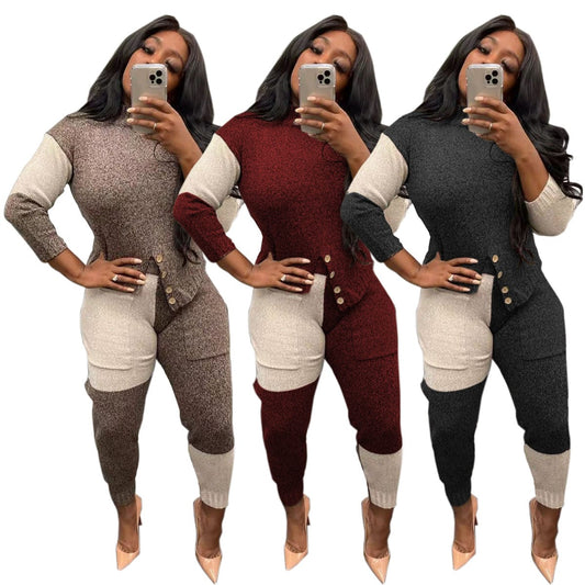 C1103TA94 Fall And winter Casual Contrast Color Thick Two Piece Pants Set Women Sehe Fashion