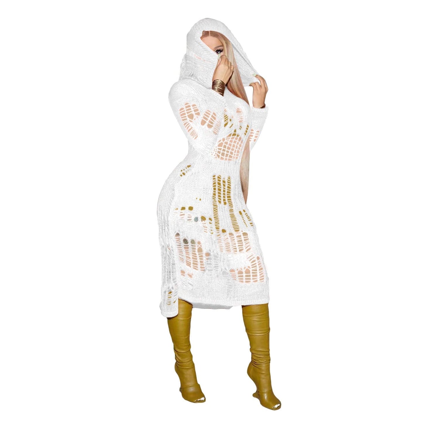 C1103TA95 Latest Sexy Hollow Out Hooded Solid Color Beach Dress Women Sehe Fashion