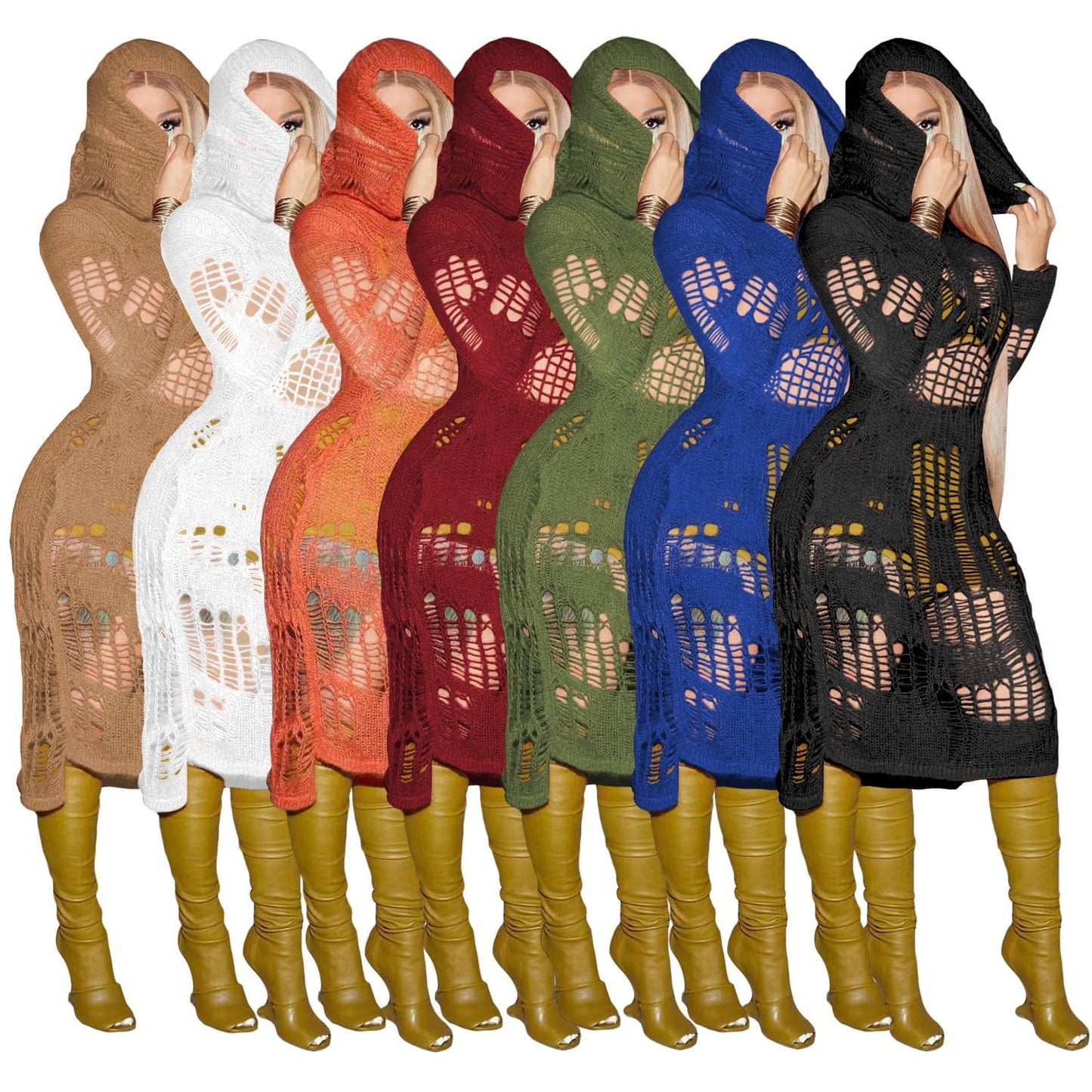 C1103TA95 Latest Sexy Hollow Out Hooded Solid Color Beach Dress Women Sehe Fashion