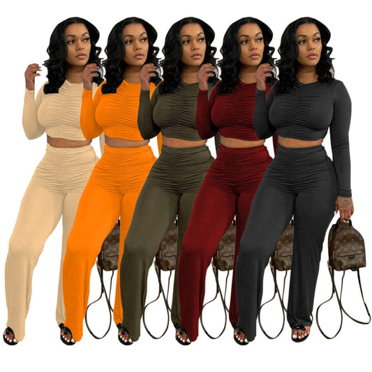 C1103TA97 Autumn Stylish Casual Solid Color Pleated Crop Top Bodycon 2 Piece Set Women Sehe Fashion
