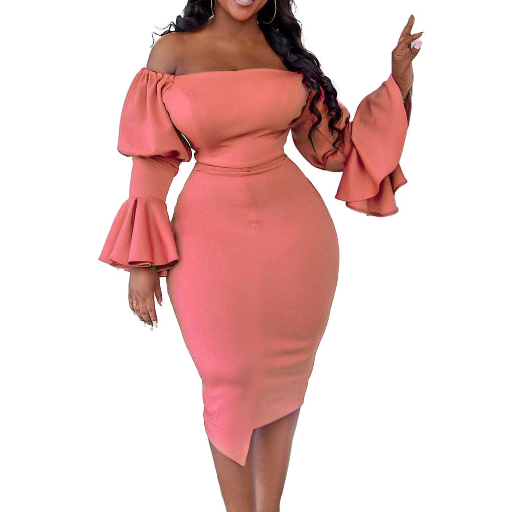 C1104ME37 High Quality Elegant Off Shoulder Solid Color Ruffles Bodycon Dress Women Sehe Fashion