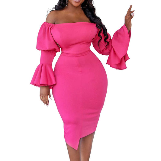 C1104ME37 High Quality Elegant Off Shoulder Solid Color Ruffles Bodycon Dress Women Sehe Fashion