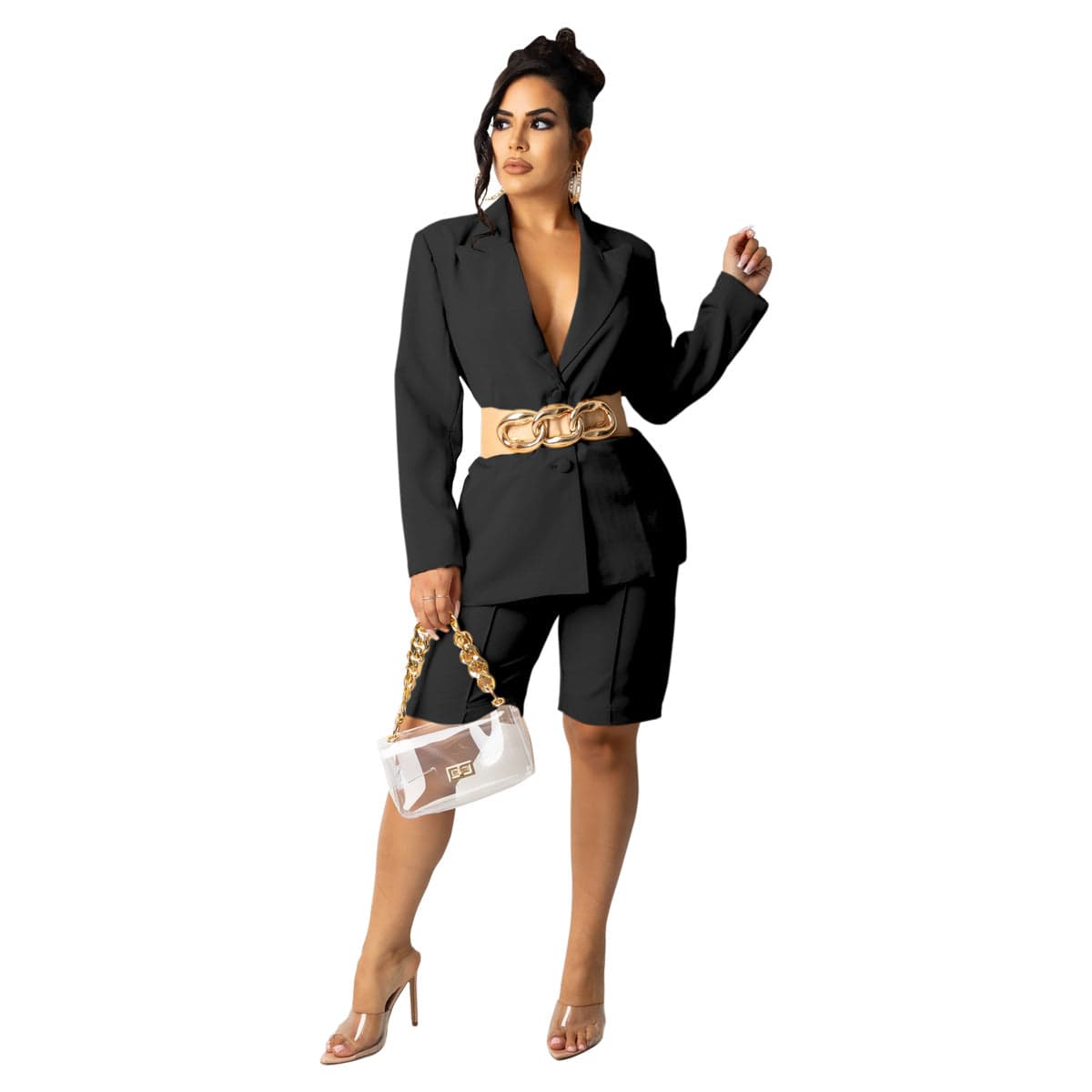 C1104TA3 Office Style Casual Solid Color Blazer Coat Two Piece Shorts Set Women Sehe Fashion