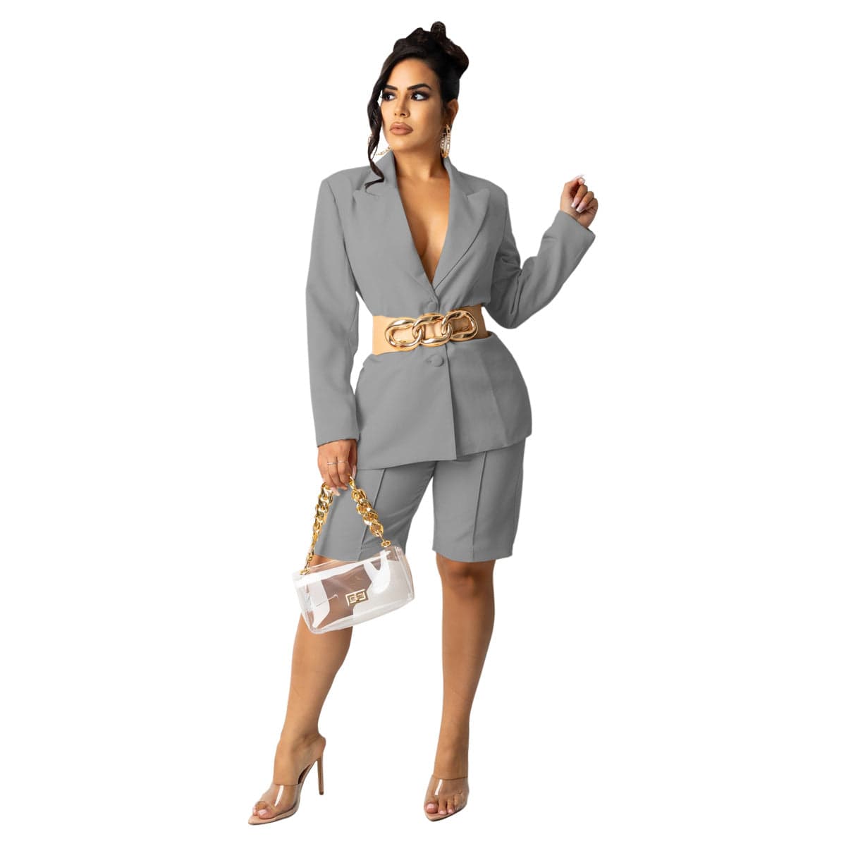 C1104TA3 Office Style Casual Solid Color Blazer Coat Two Piece Shorts Set Women Sehe Fashion