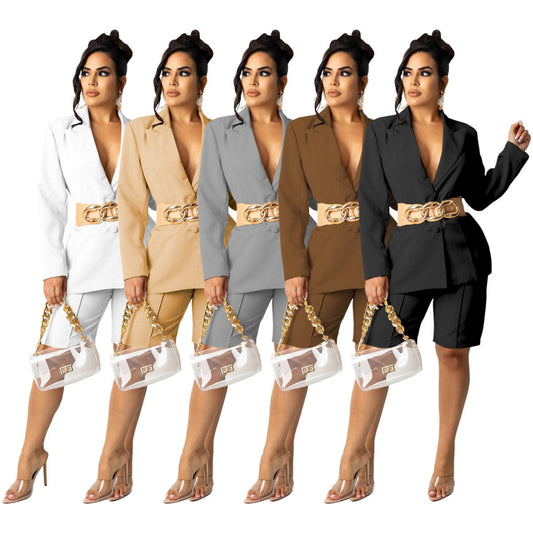 C1104TA3 Office Style Casual Solid Color Blazer Coat Two Piece Shorts Set Women Sehe Fashion