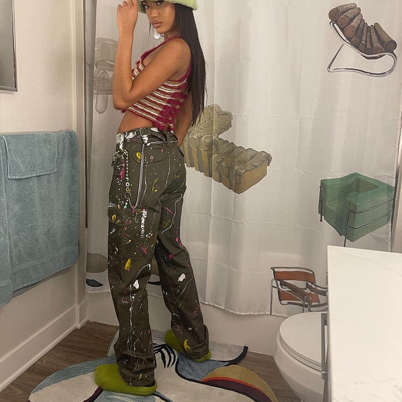 C1295 Spring new graffiti hand-painted button pocket overalls outdoor casual trousers for women