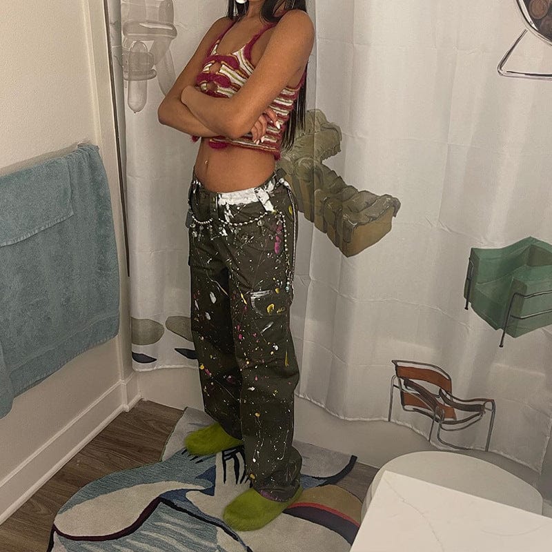 C1295 Spring new graffiti hand-painted button pocket overalls outdoor casual trousers for women