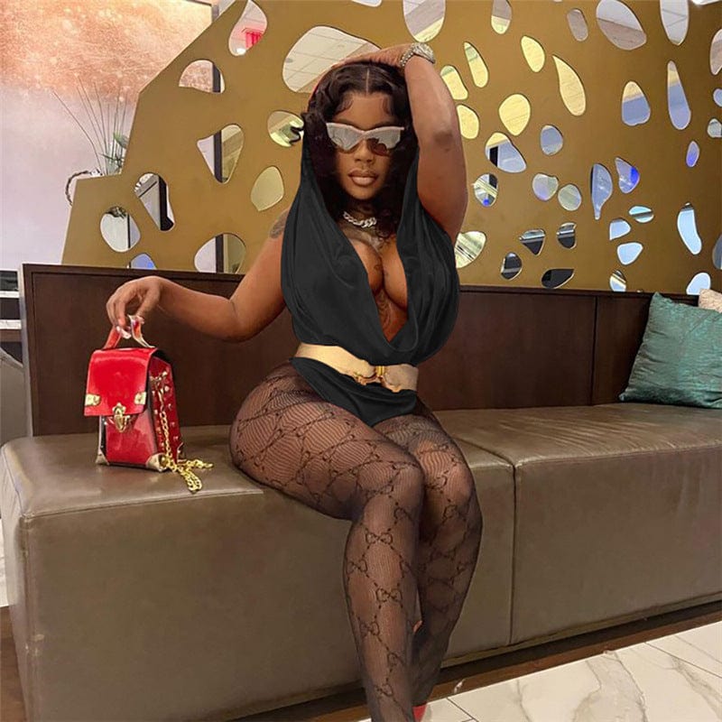 C1335 New Sexy hollow out low collar tight casual sleeveless hooded one-piece women bodysuits skims