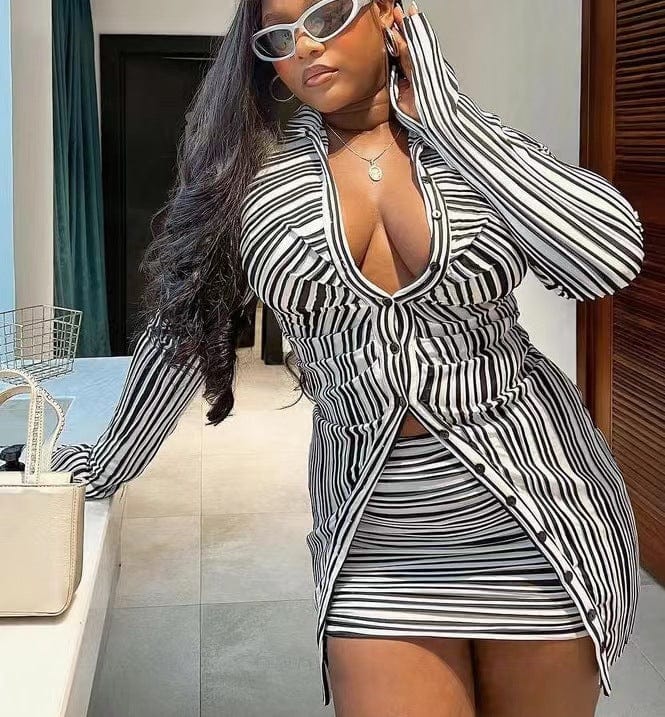 C1399 Spring Deep V-Neck Stripe Single breasted Shirt Fashion Mini Skirt Two Piece Sets Women