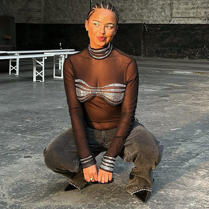 C1416 Wholesale New Fashion Sexy Mesh Perspective Hot Drill Bodysuit Women