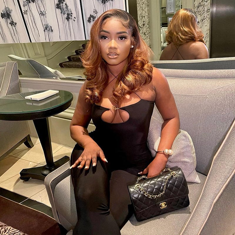 C1418 Autumn 2022 solid halter hollow out tight hip workout flare jumpsuits for women