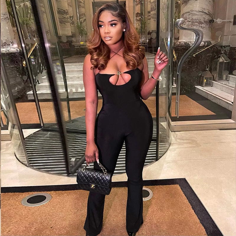 C1418 Autumn 2022 solid halter hollow out tight hip workout flare jumpsuits for women