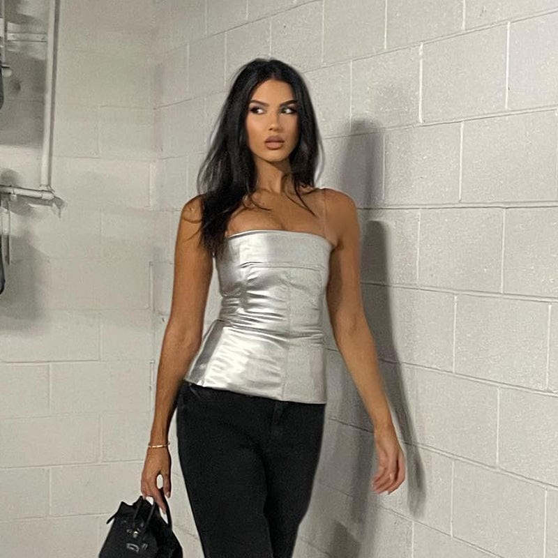 C1558 Spring New Solid Casual Off Shoulder Sleeveless Shiny Top Woman