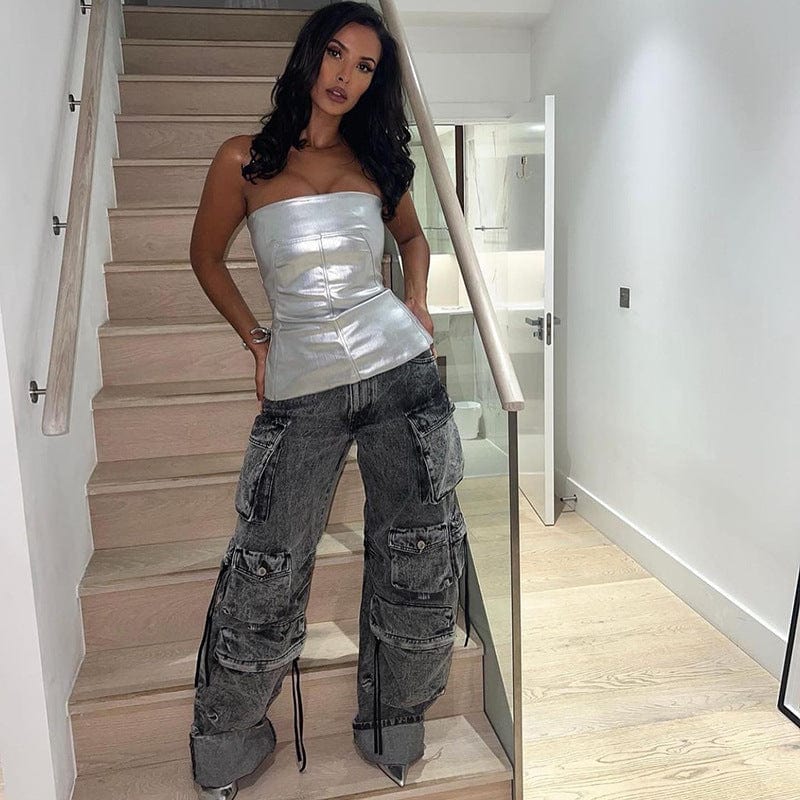 C1558 Spring New Solid Casual Off Shoulder Sleeveless Shiny Top Woman