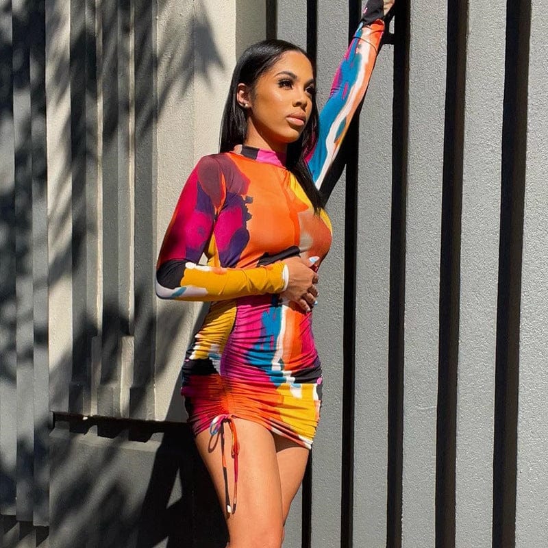 C1647 Fall 2022 Digital Print Stand Neck Drawstring Pleated Long Sleeve Hip Wrap Dress