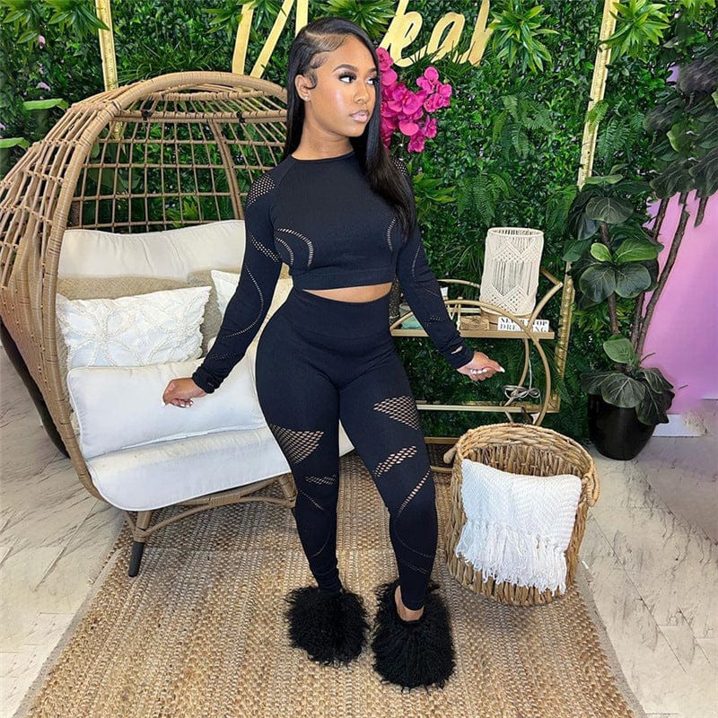 C1713 New hollow out long sleeve top high waist tight stretching yoga pants suit women