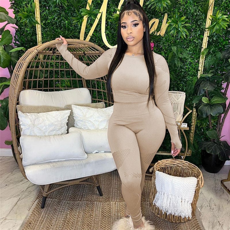 C1713 New hollow out long sleeve top high waist tight stretching yoga pants suit women