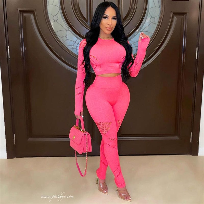 C1713 New hollow out long sleeve top high waist tight stretching yoga pants suit women