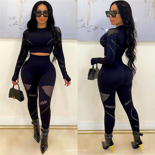 C1713 New hollow out long sleeve top high waist tight stretching yoga pants suit women