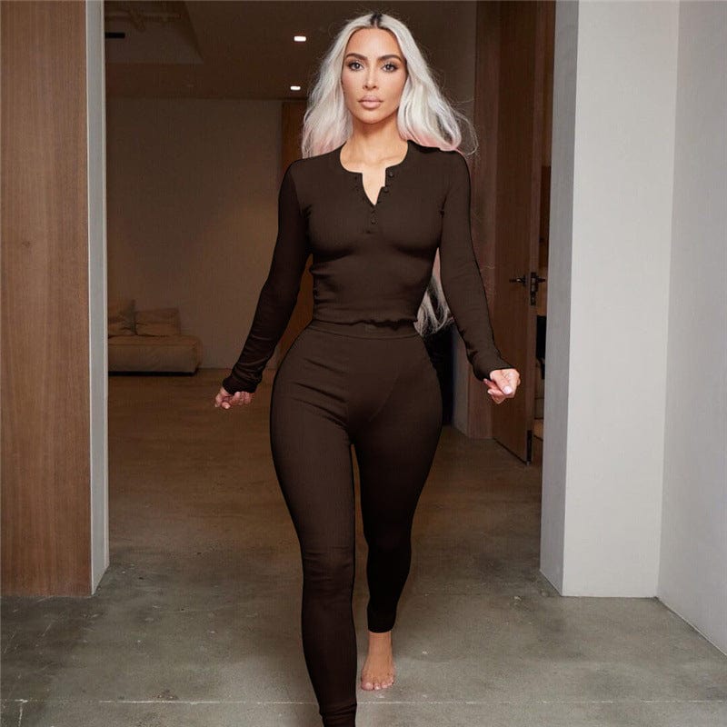 C1798 2023 Women's New Sexy Round Neck Button Top Tights Casual Sports Suit Women