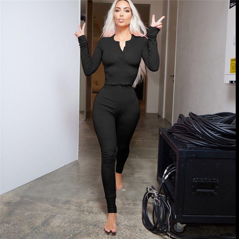 C1798 2023 Women's New Sexy Round Neck Button Top Tights Casual Sports Suit Women