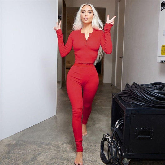 C1798 2023 Women's New Sexy Round Neck Button Top Tights Casual Sports Suit Women