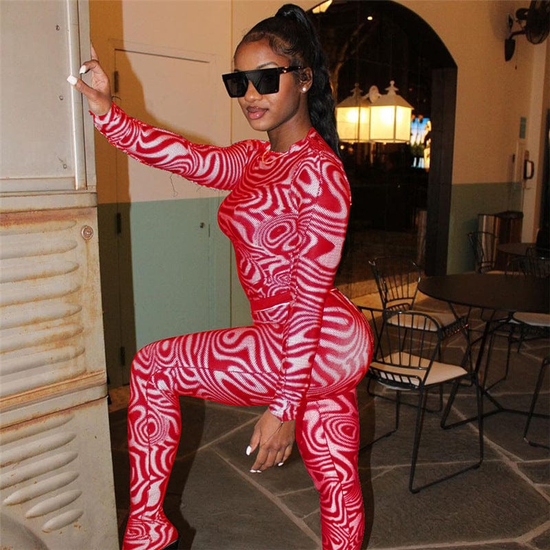 C1835 2023 Spring Women's New Sexy Print Long Sleeve Tight Top High Waist Tight Two Piece Pants Set