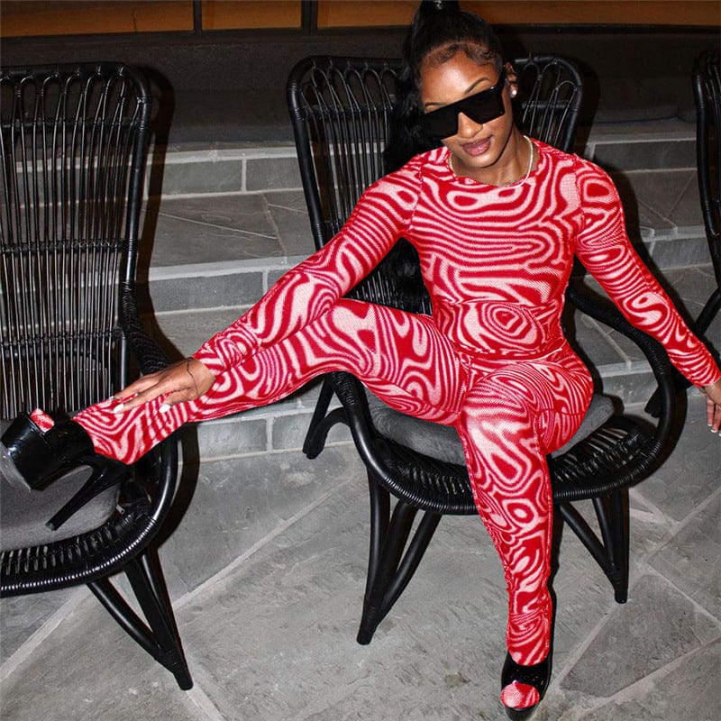 C1835 2023 Spring Women's New Sexy Print Long Sleeve Tight Top High Waist Tight Two Piece Pants Set