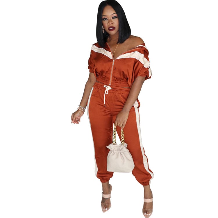 C91194 2019 fashion women two piece set sportswear set long sleeve casual solid color  strip patchwork jogger set women