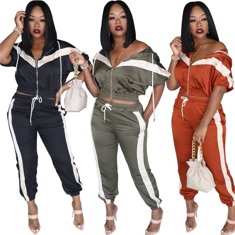 C91194 2019 fashion women two piece set sportswear set long sleeve casual solid color  strip patchwork jogger set women