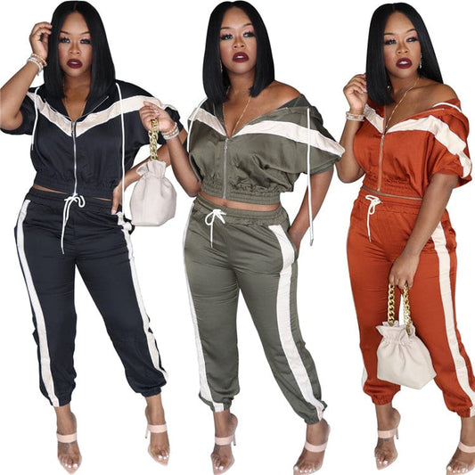 C91194 2019 fashion women two piece set sportswear set long sleeve casual solid color  strip patchwork jogger set women