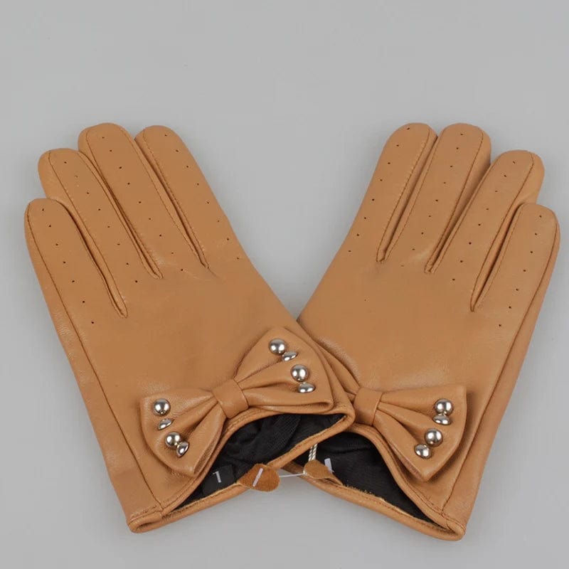 Camel Sexy lady smartphone nails women dress sheepskin leather gloves with bow